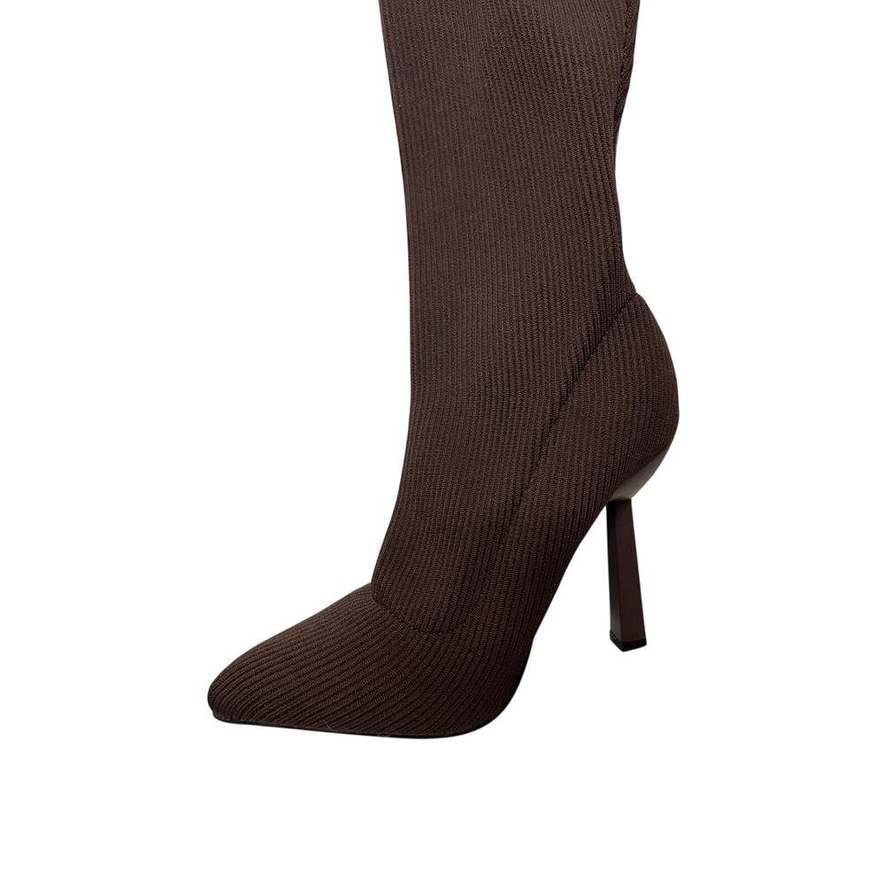 Size 7.5 Festival Dark Brown Pointy Toe Knee High Heel Knit Expandable Calf Boot - Picture 2 of 8